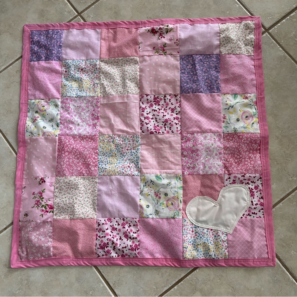Homemade/handmade baby drag-around blankie/quilt. Approximately 30 x 30